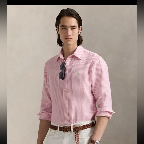Ralph Lauren Classic Fit Striped Linen Shirt Pink/White 
size Large - Picture 2 of 12